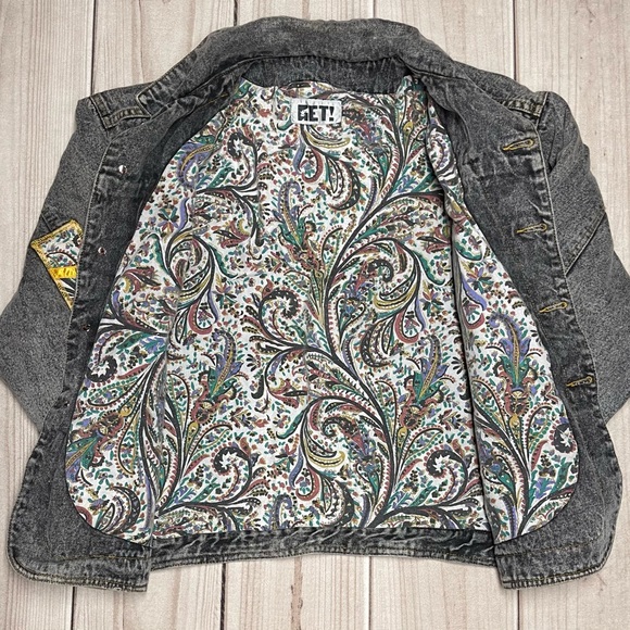 Vintage GET! Womens Medium Acid Wash Faded Black Denim Patchwork Jean Jacket - Picture 2 of 11